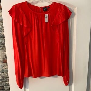 GAP Red Ruffled Puff Sleeve Blouse with Bib Collar